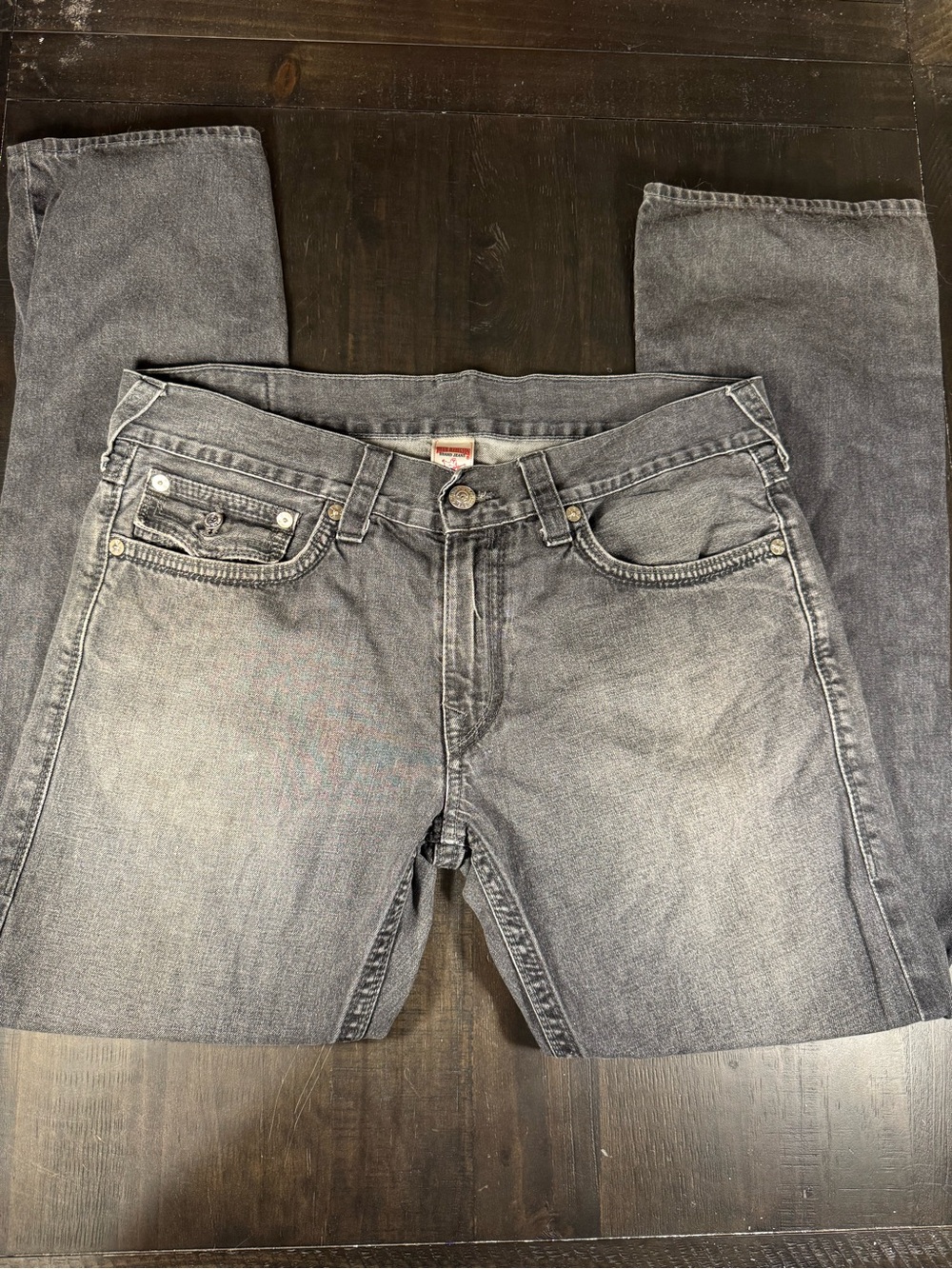 True Religion Ricky Straight Flap Jeans Size 36 Gray Black Wash 100% Cotton